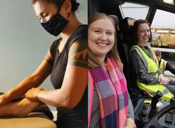 Collage showing massage and two women in a bus one in yellow vest, one in bright scarf SEDS